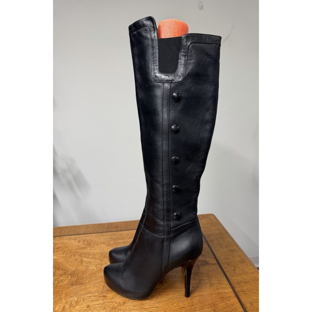 Women's 9 Black Genuine Leather Over The Knee Boots High Heels Button Sides Sexy